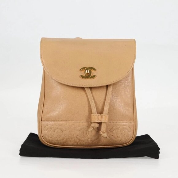 CHANEL Backpack Calf Skin Beige Gold CC Auth - Picture 1 of 16
